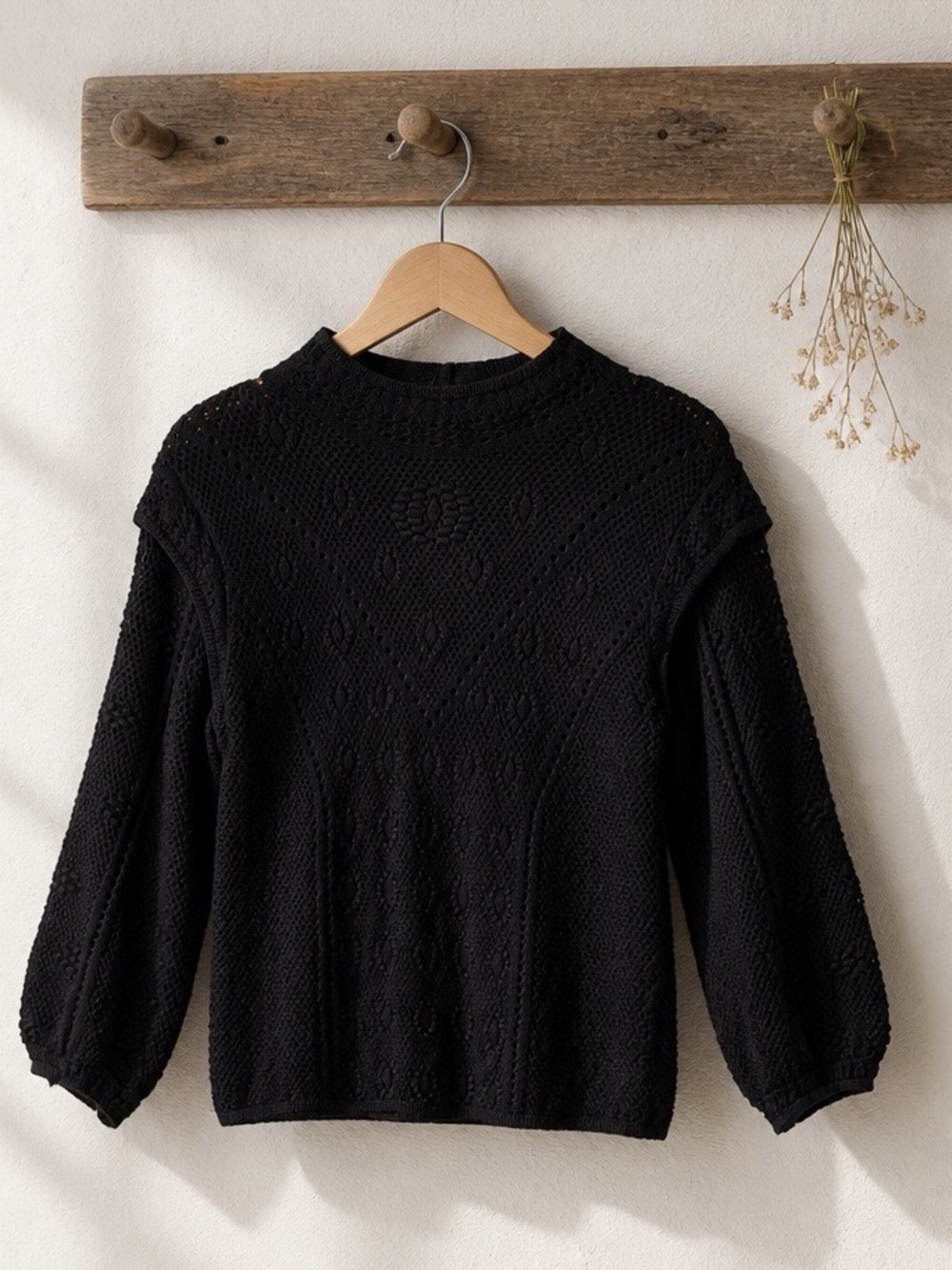 White House Black Market Black Textured Cable Crewneck Sweater